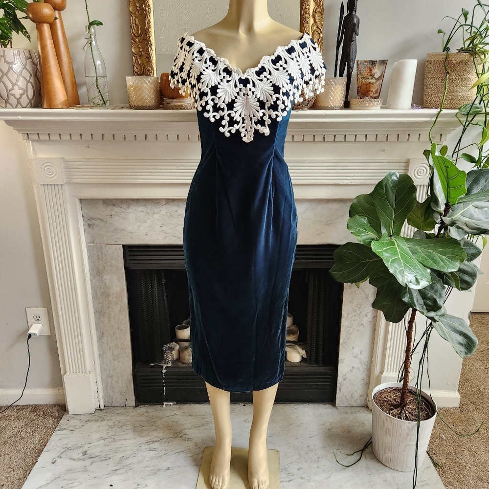 Jessica McClintock 90s Green Velvet Dress Size 10 Lace Cocktail Prom Gothic - Picture 2 of 11